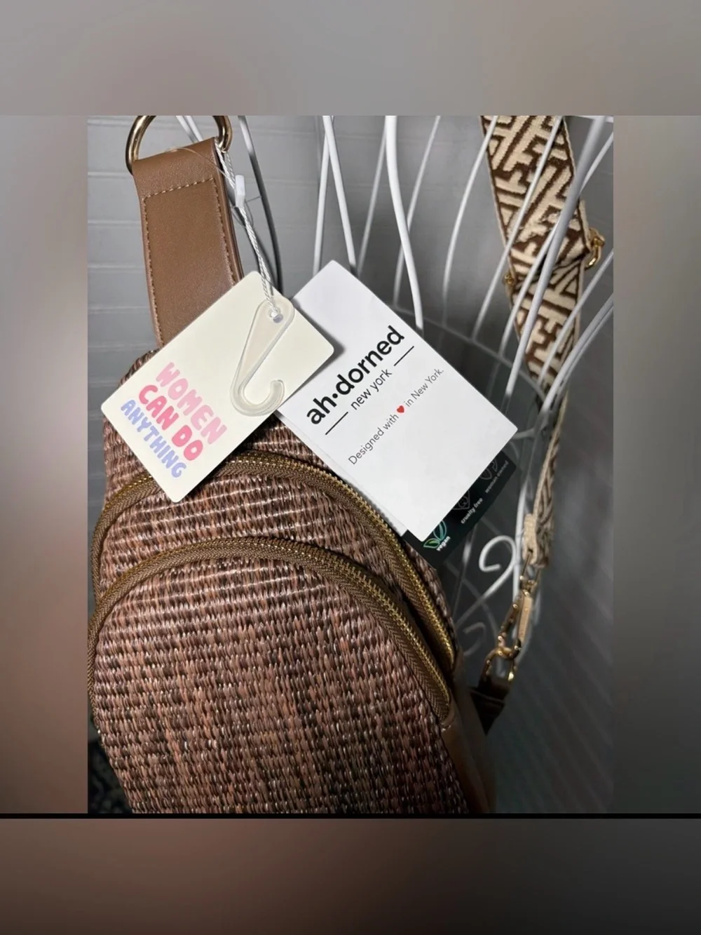 Boutique- Vegan Brown Woven Crossbody Sling Bag with Patterned Strap